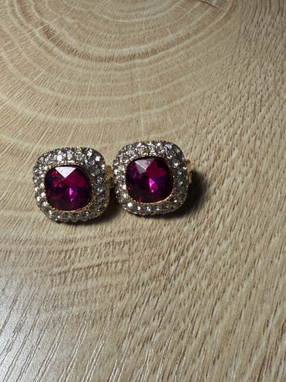 Gold-Tone Stud Earrings with Deep Magenta Center and Crystal Halo clip on